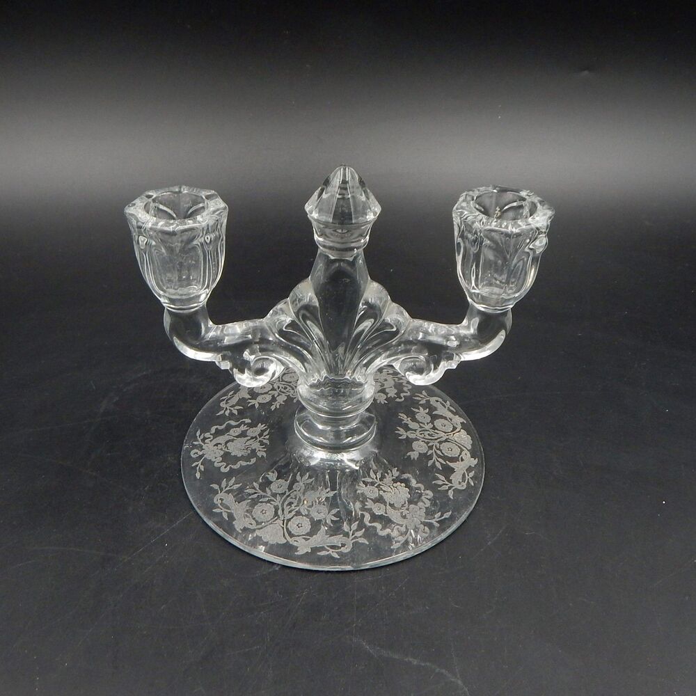 Heisey Trident Double Candlestick Holder Candelabra Etched Cornucopia Floral